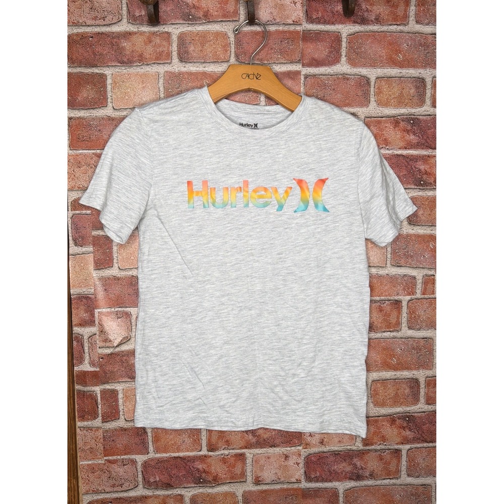 Hurley Boys Medium Heather Grey Rainbow Gradient Logo Graphic T-Shirt 10-12 YRS